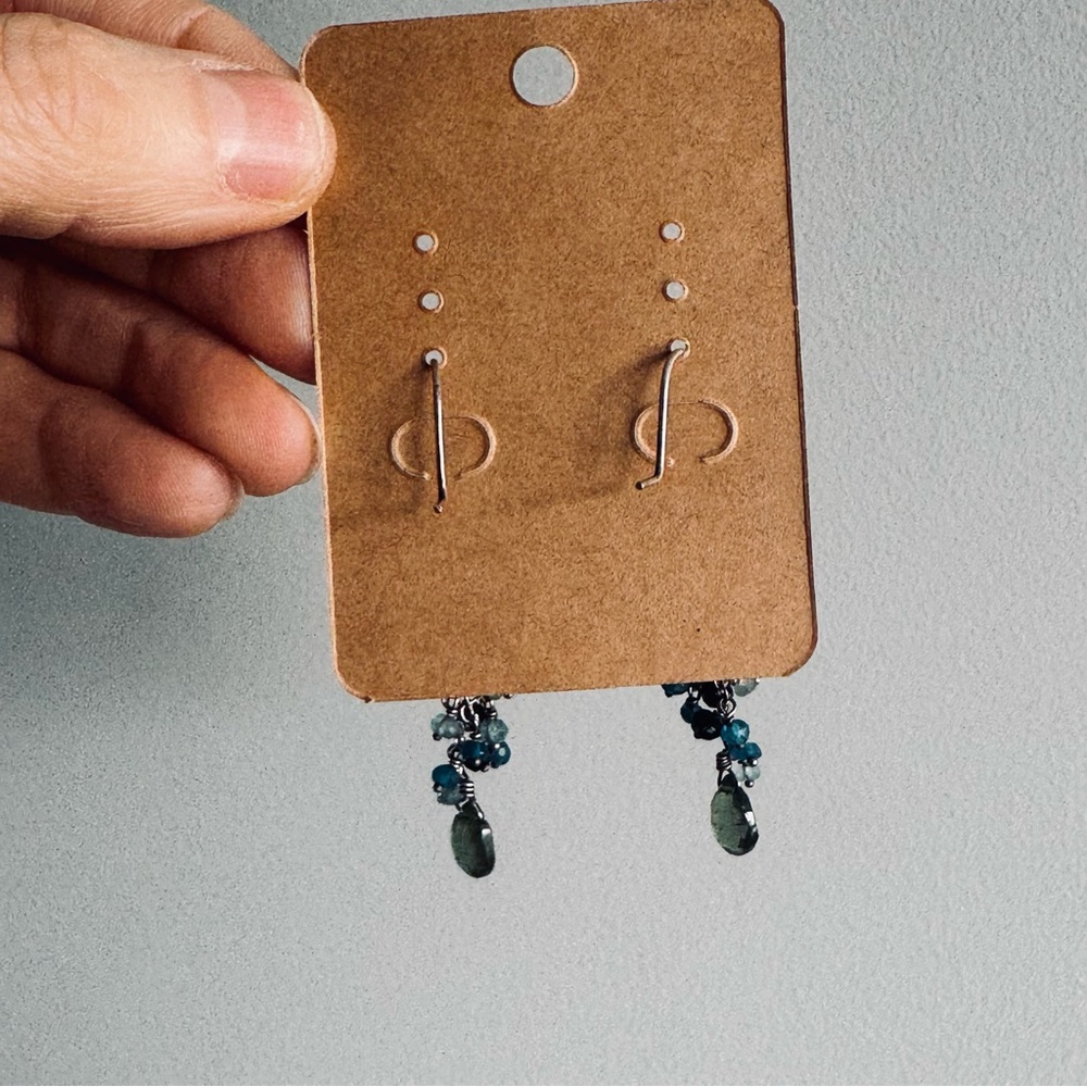 Sterling Silver Feather and Green and Blue Drop Dangle Earrings 4.85 grams - Picture 4 of 7